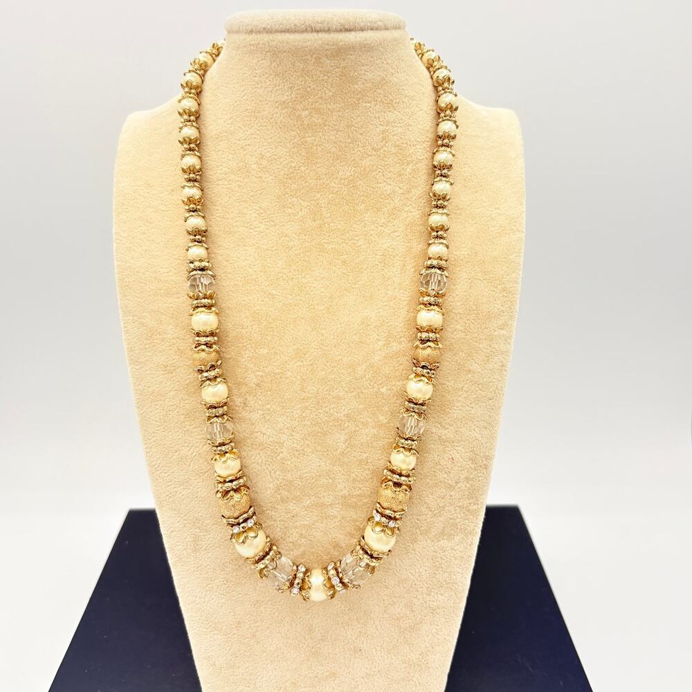 Vintage Graduated Faux Pearl Necklace Glass Beads Crystal Spacers Gold Tone